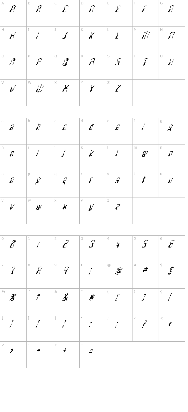 FZ WARPED 4 ITALIC character map