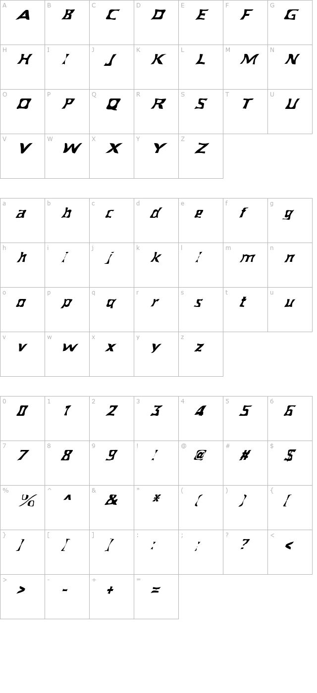 FZ WARPED 40 ITALIC character map