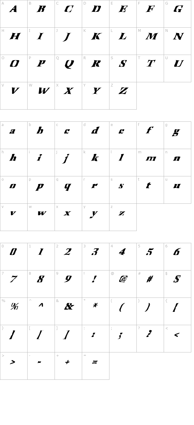 FZ WARPED 41 ITALIC character map