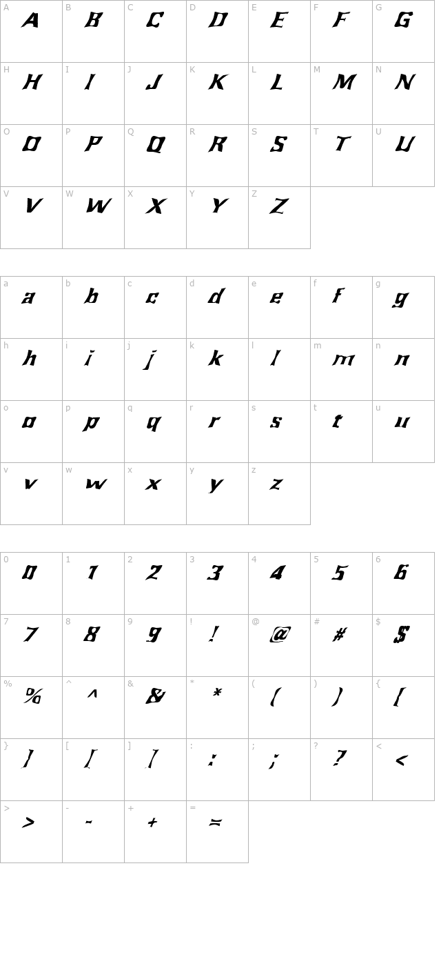 FZ WARPED 43 ITALIC character map