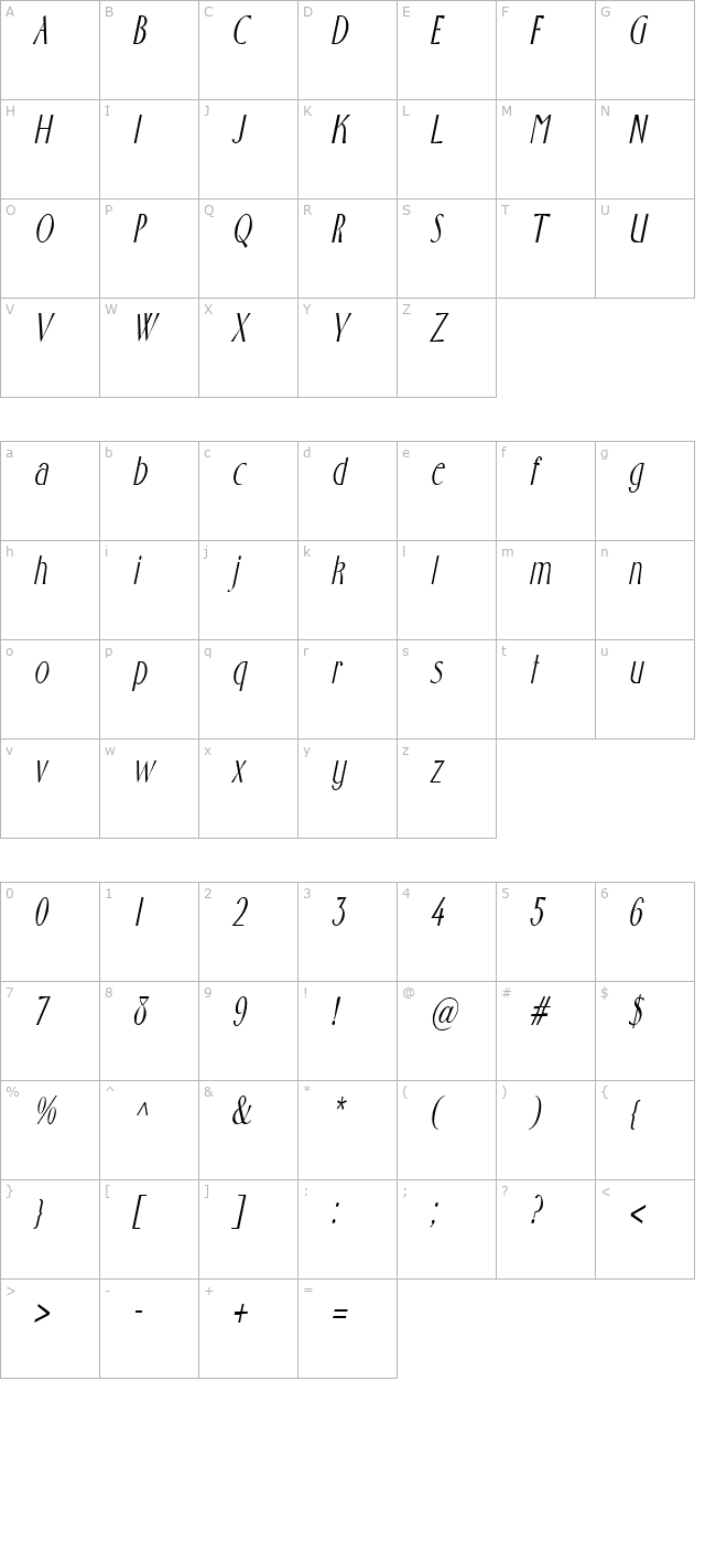 GabrielCondensed Italic character map