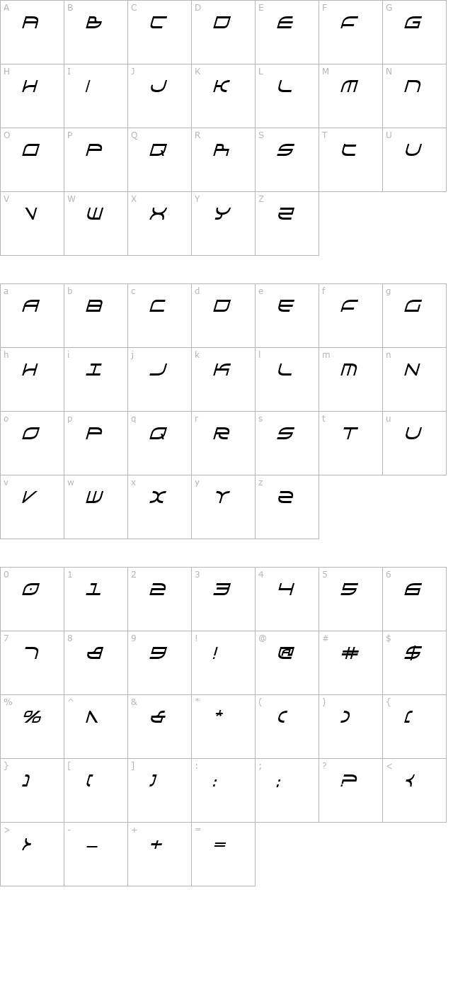 Galga Bold Condensed Italic character map