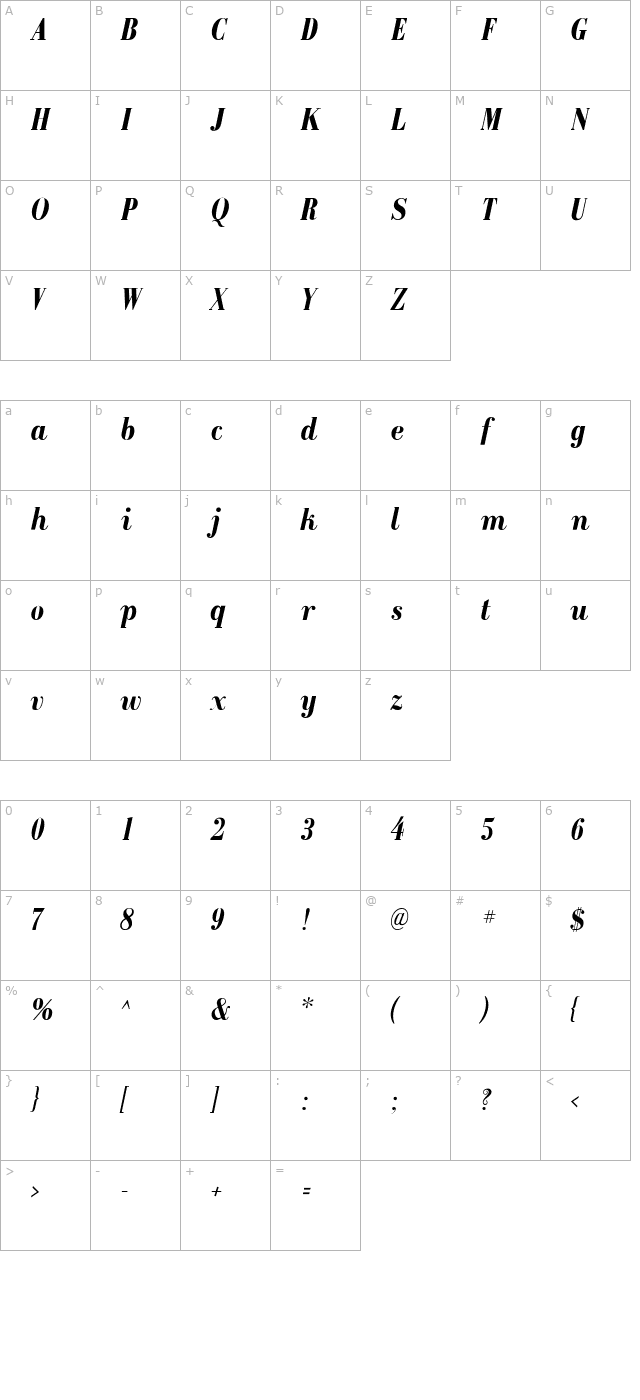 GalileoFLF-BoldItalic character map