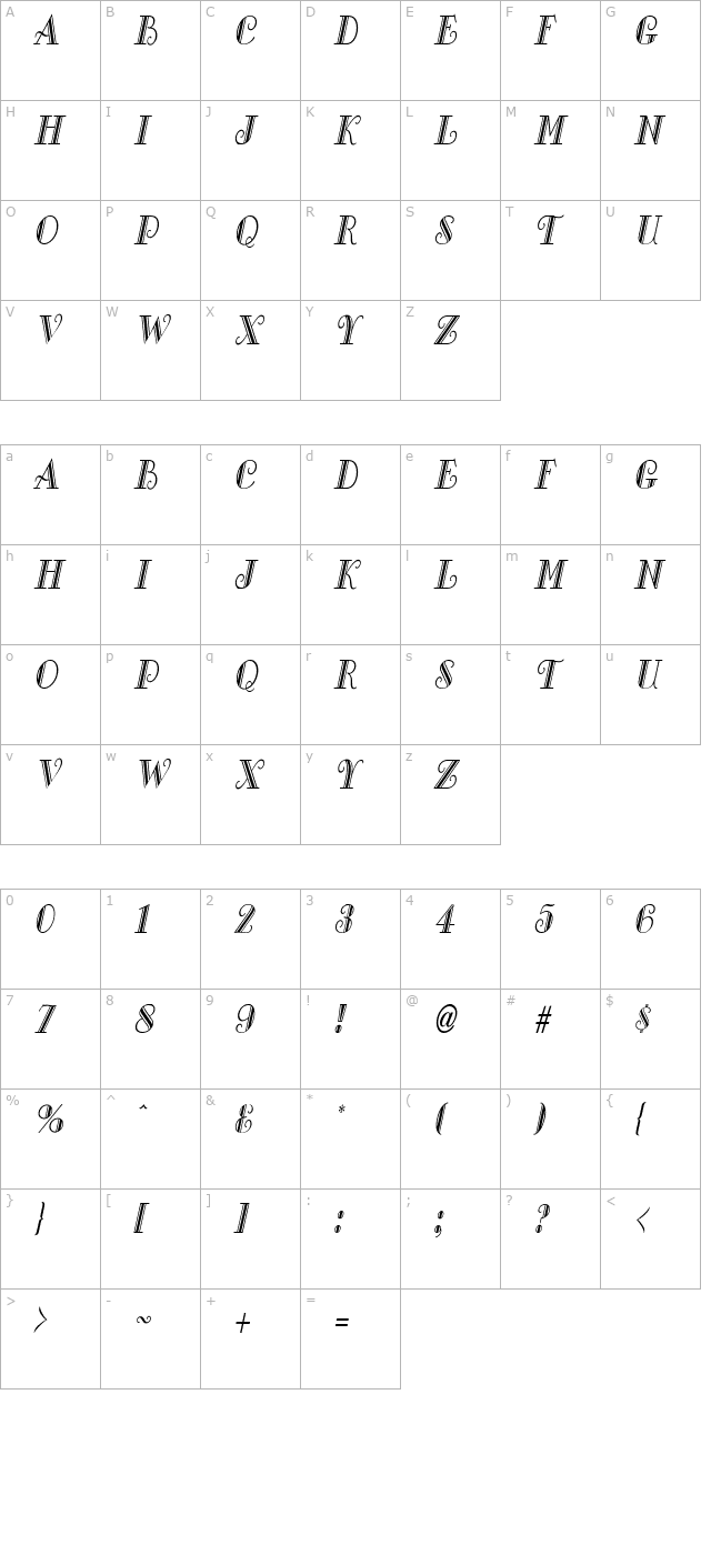 Gallery Condensed Italic character map