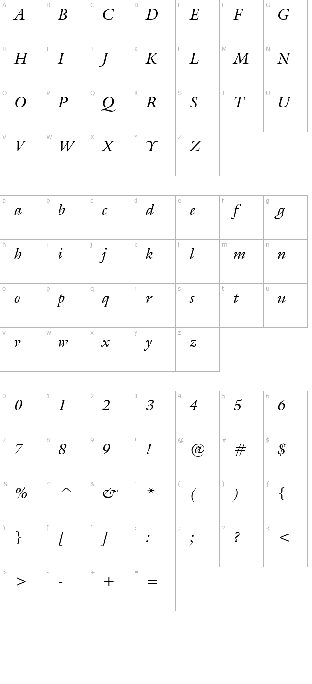 Gallery Italic character map