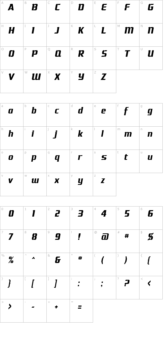 Gamer Italic character map