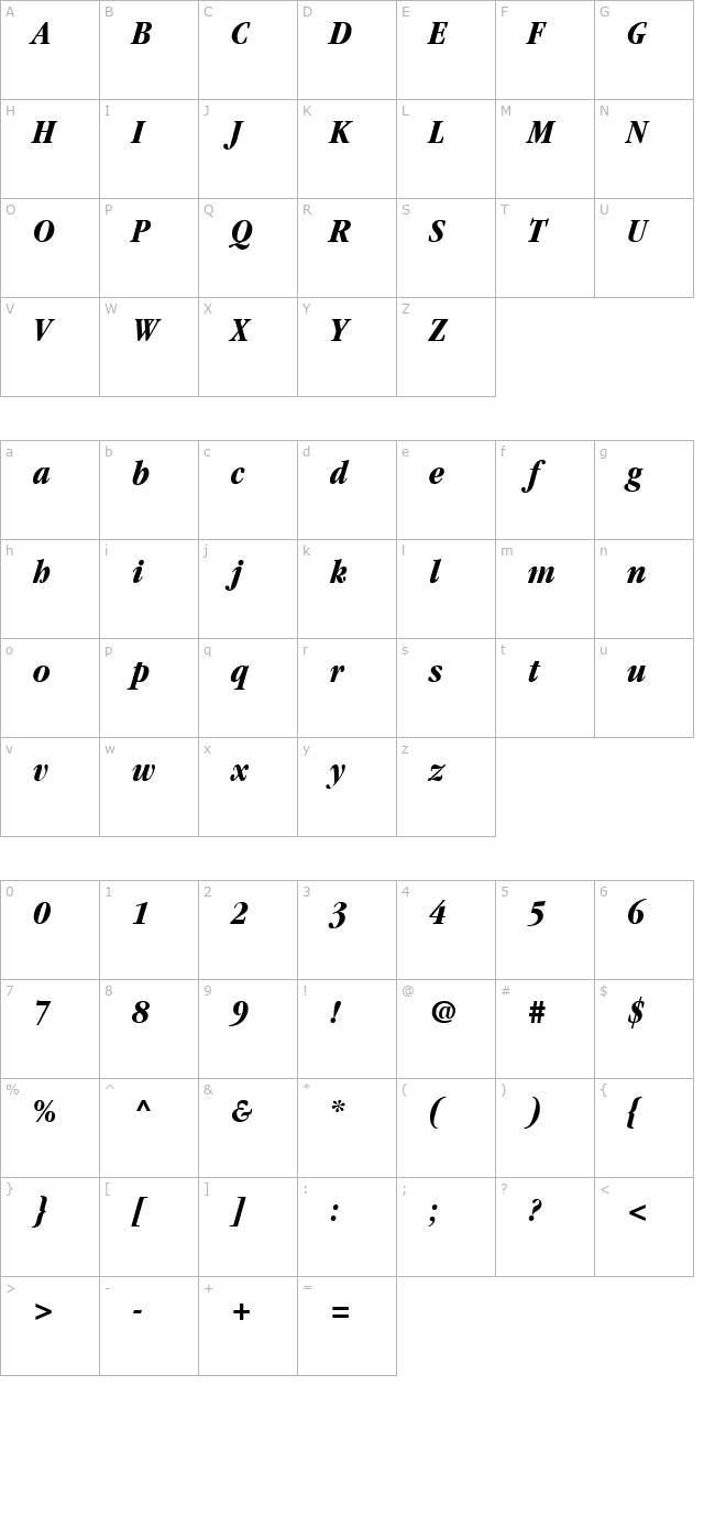 Garamond BoldCondensedItalic character map