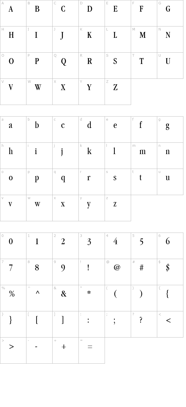 Garamond BookCondensed character map