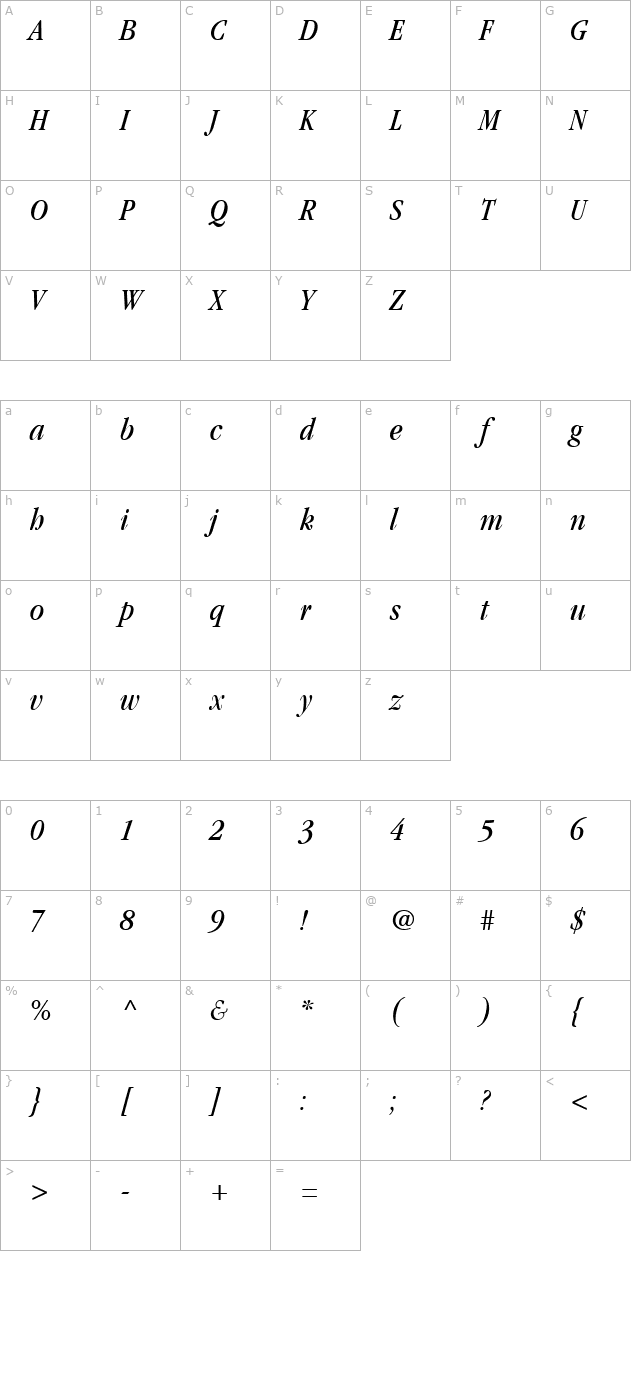 Garamond BookCondensedItalic character map