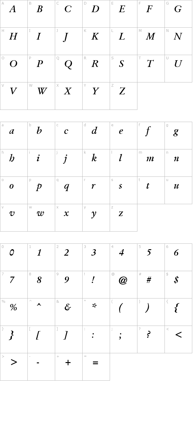 Garamond Kursiv Halbfett character map