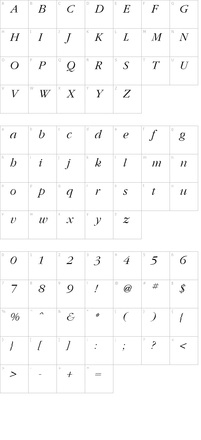 Garamond Light Italic character map