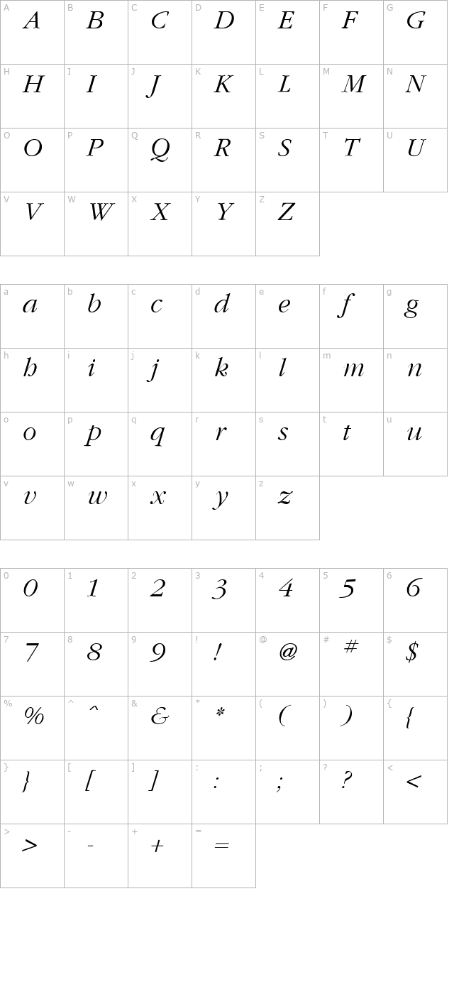 garamond-light-italic character map