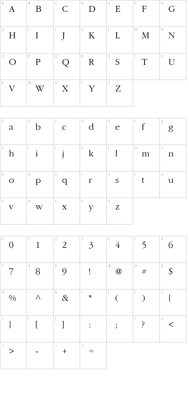 Garamond Light character map