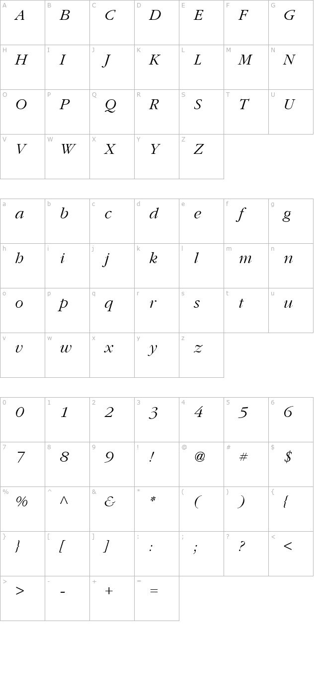 Garamond LightItalic character map