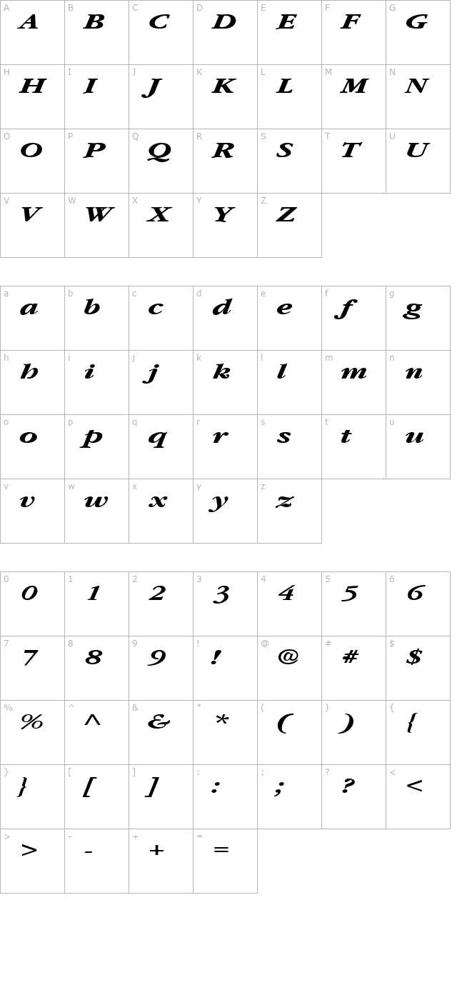 GarnetBroad Bold Italic character map