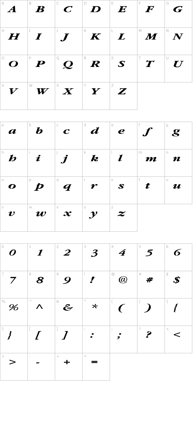 GarnetBroad BoldItalic character map