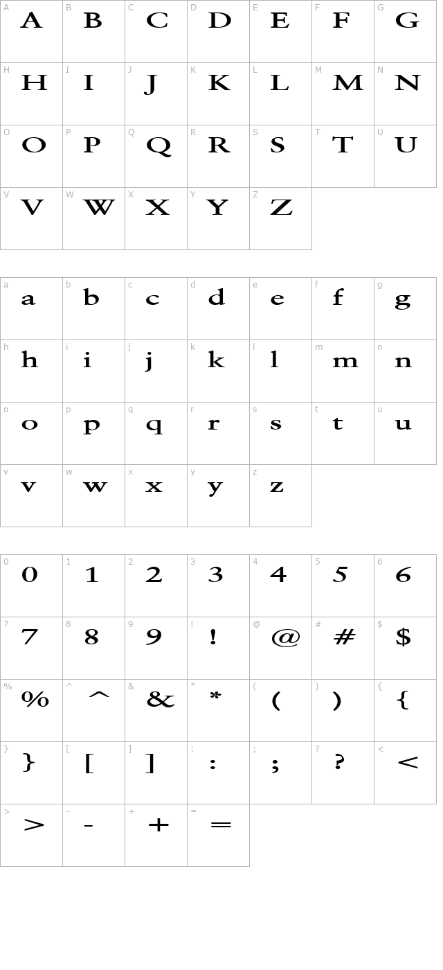 Garrick Extended Bold character map