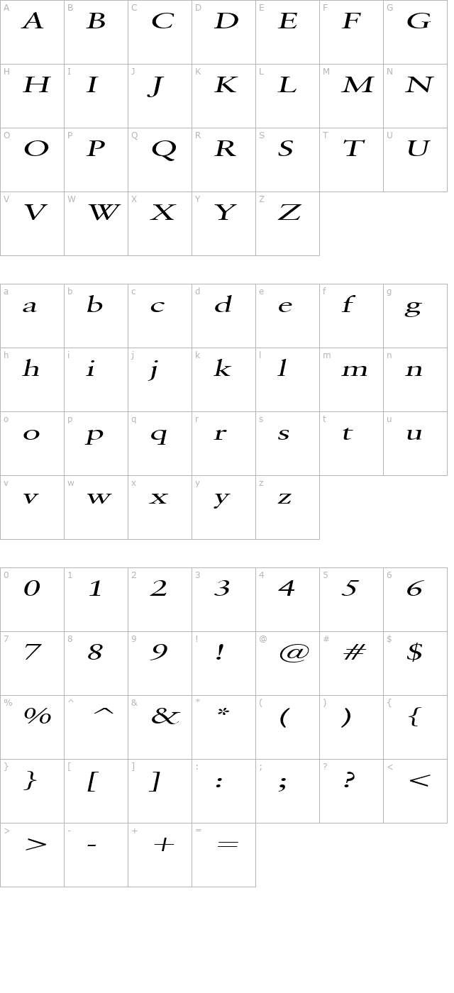 garrick-extended-italic character map