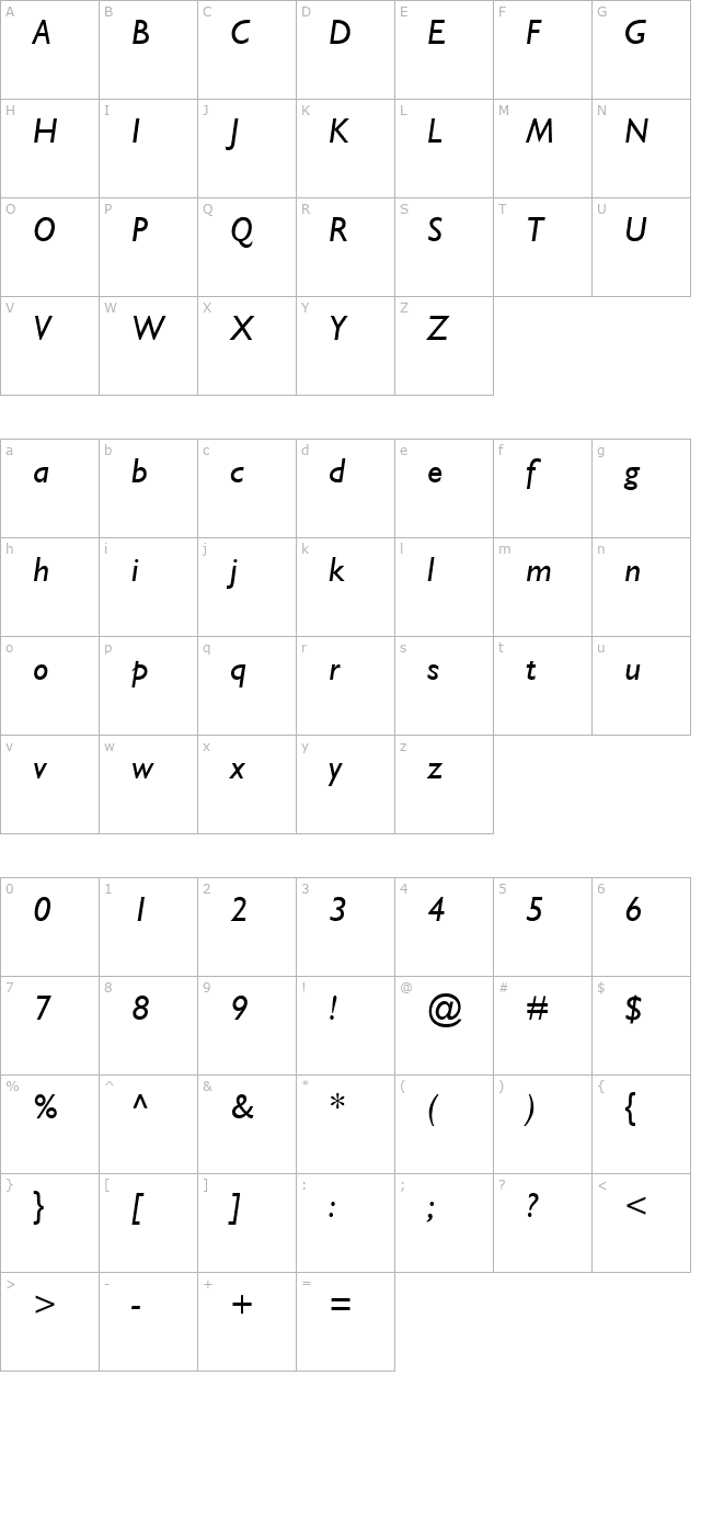 Garrison Light Sans BOLDITALIC character map