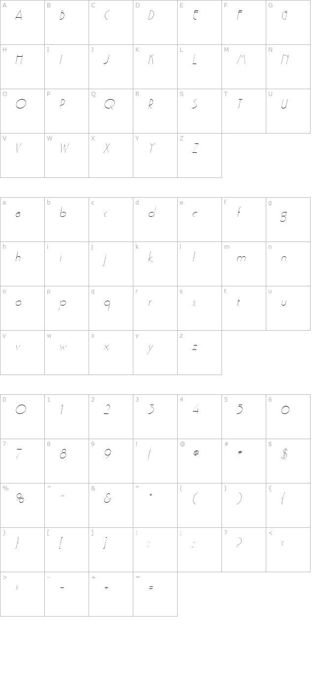 Gaston Wide Italic character map