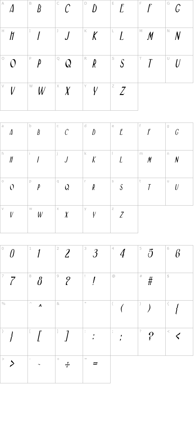 gatsbycondensed-italic character map