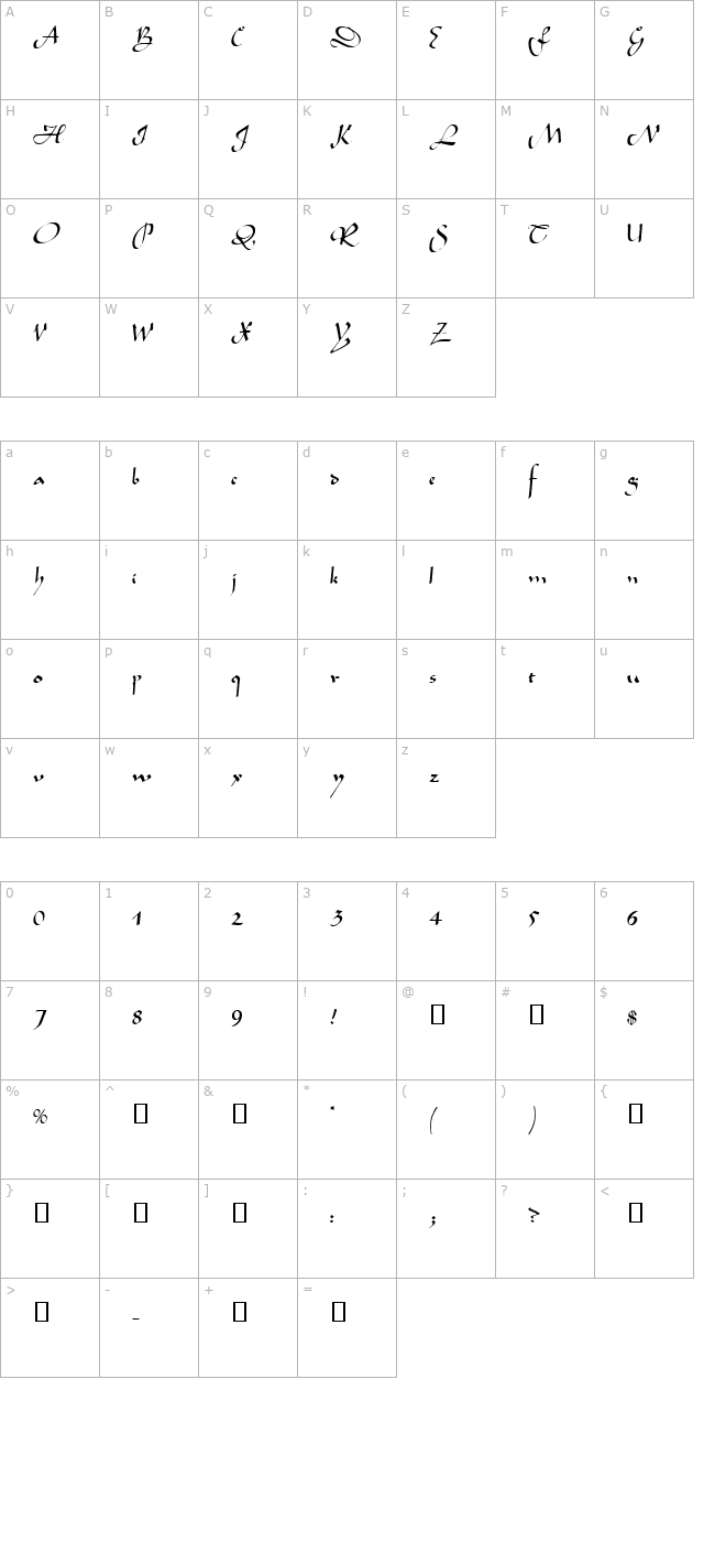 GE Sepia Script Normal character map