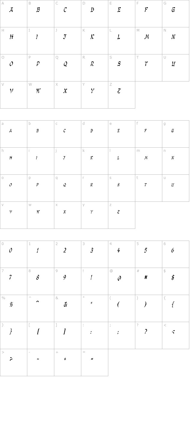 GengisKahnCondensed Italic character map