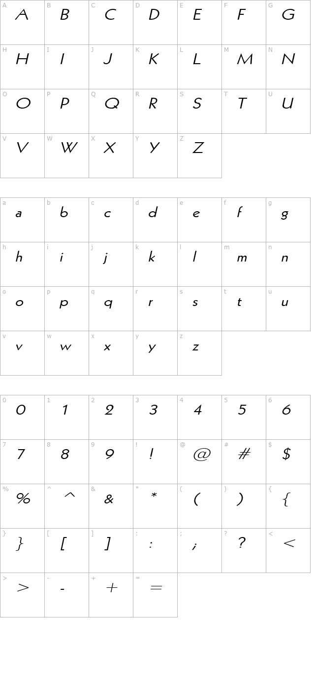 Geo 112 Wide Italic character map