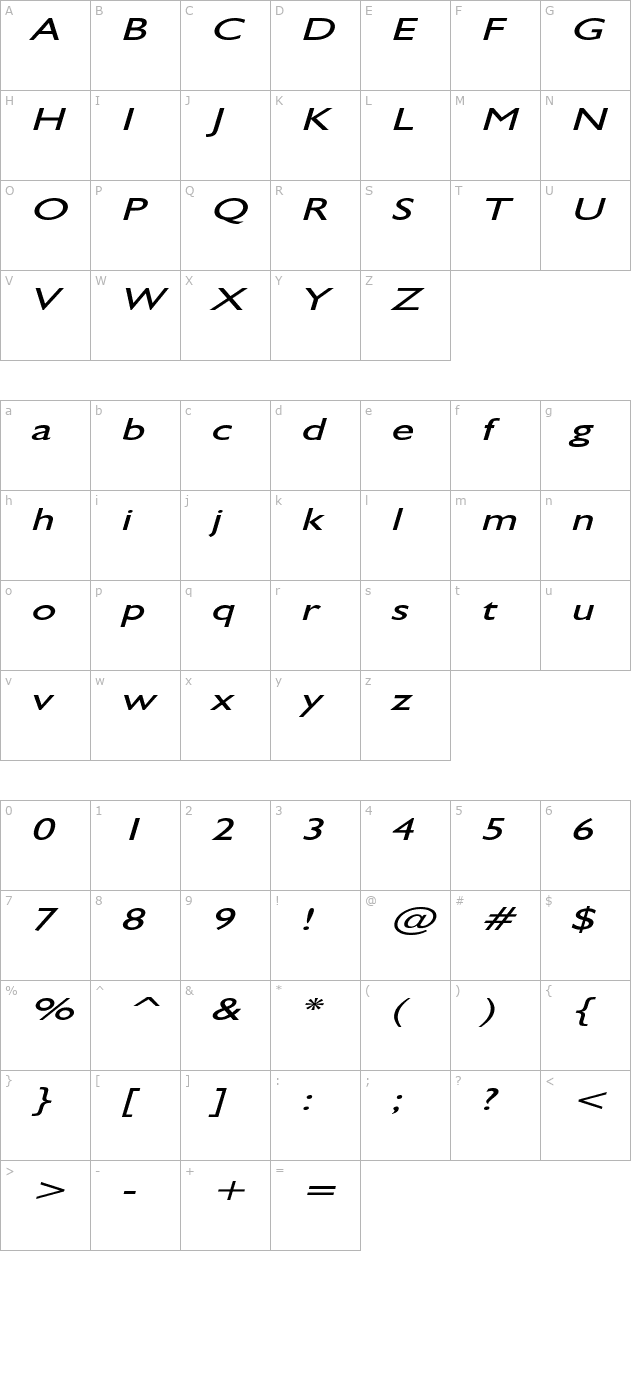GibraltarExtended Italic character map