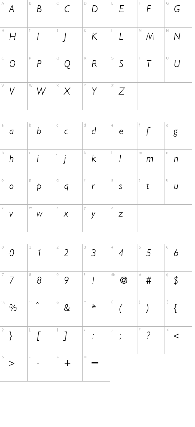 GibsonLight-RegularItalic character map