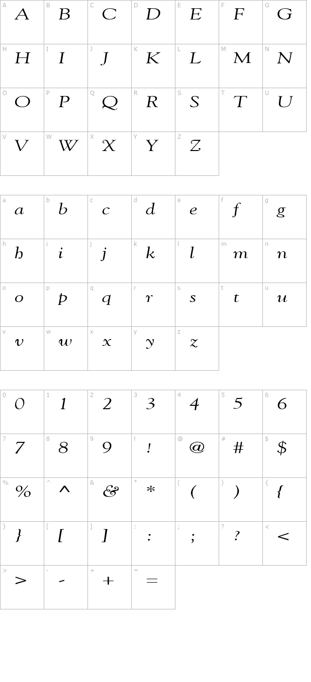 GildeBroad Italic character map