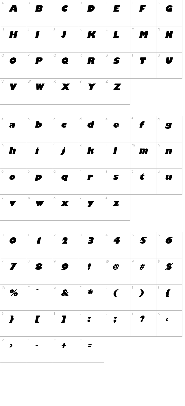 GiliganBlack Italic character map