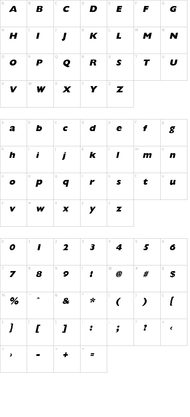 GiliganExtrabold Italic character map