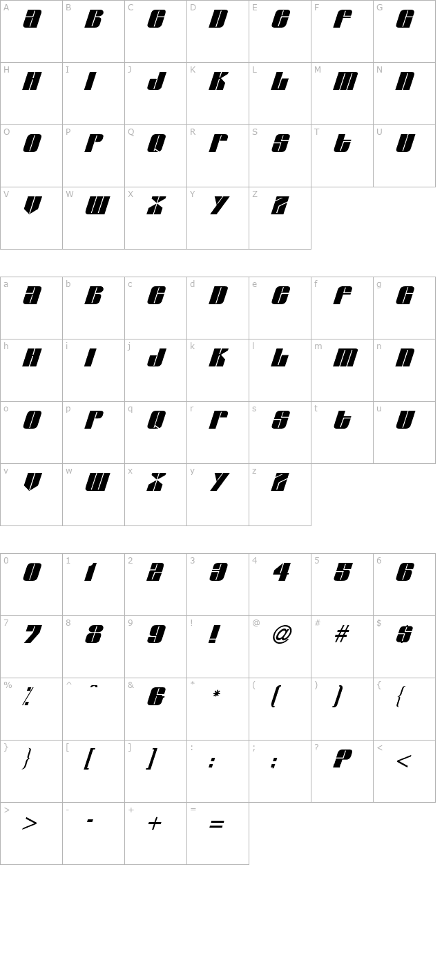 Glacier Italic character map