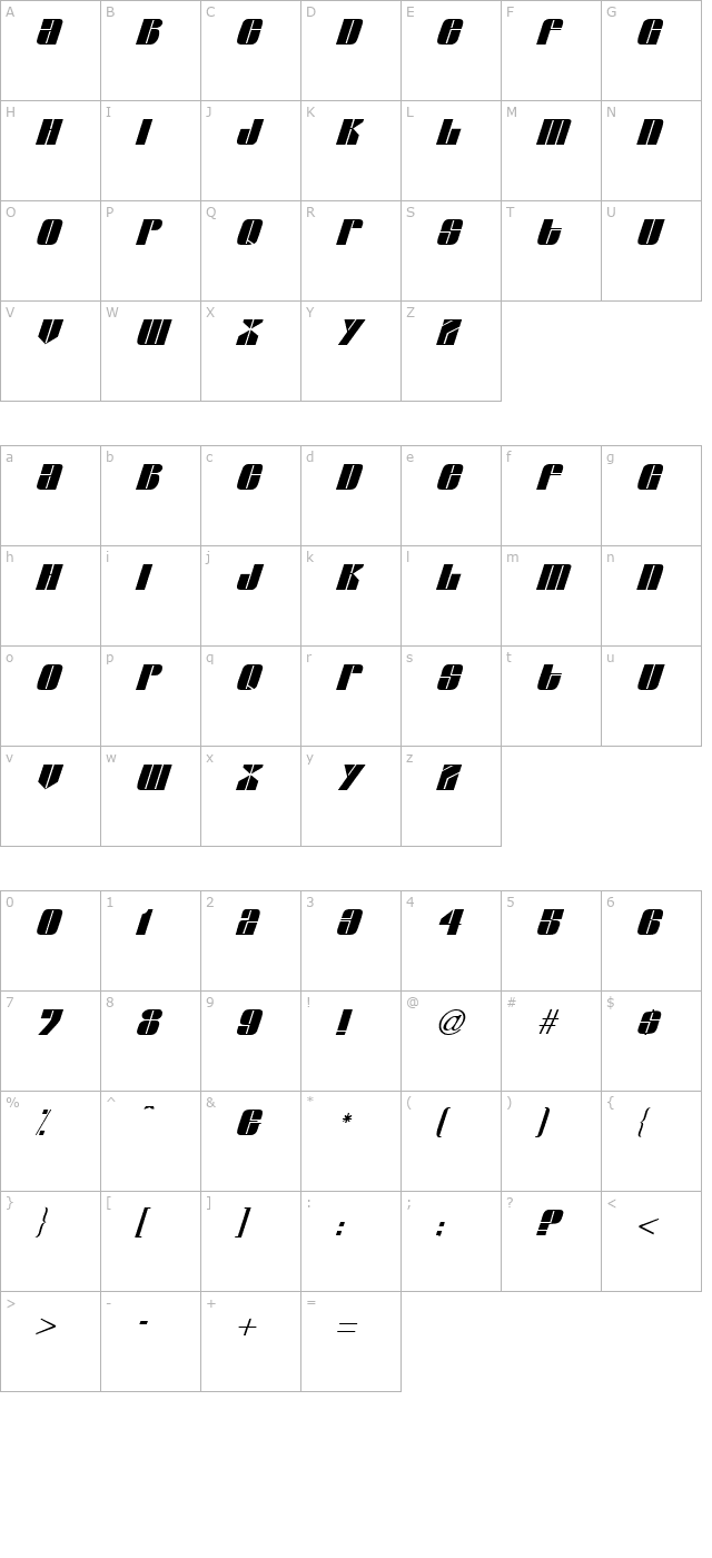 Glacier-RegularItalic character map