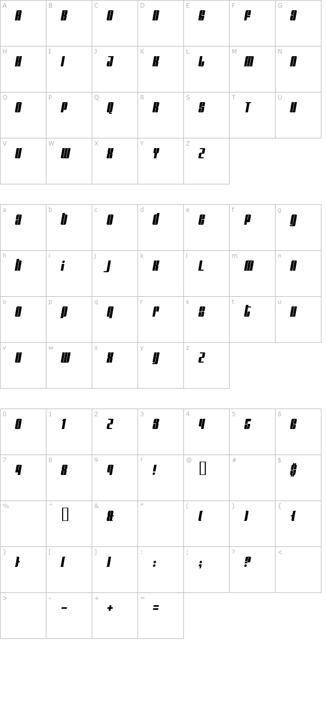 Glare Italic character map