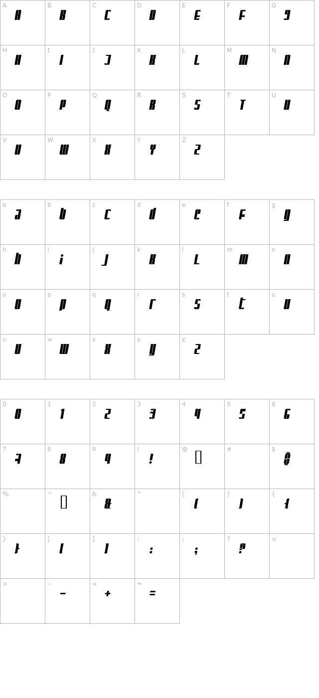 glaring-italic character map