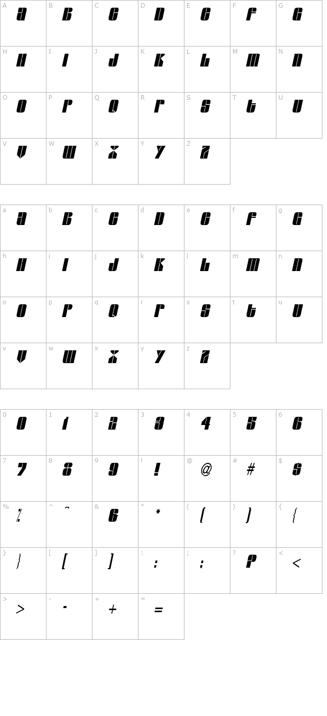 glaze-condensed-italic character map