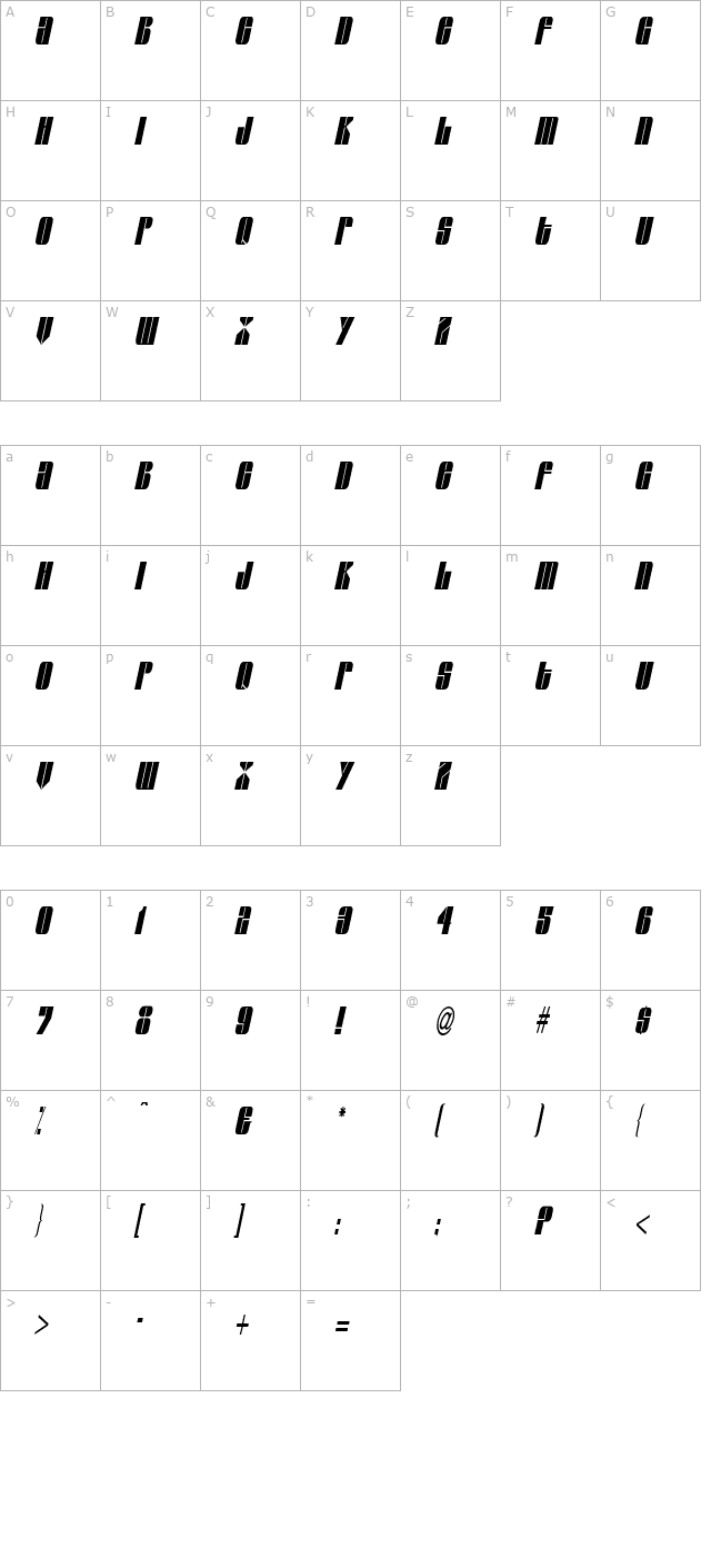 Glaze Extended Condensed Italic character map