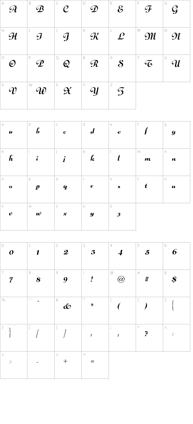 gloriascript-regular character map