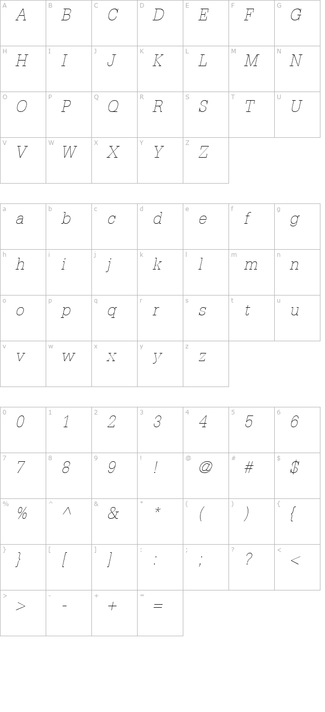 glypha35-thin-oblique character map