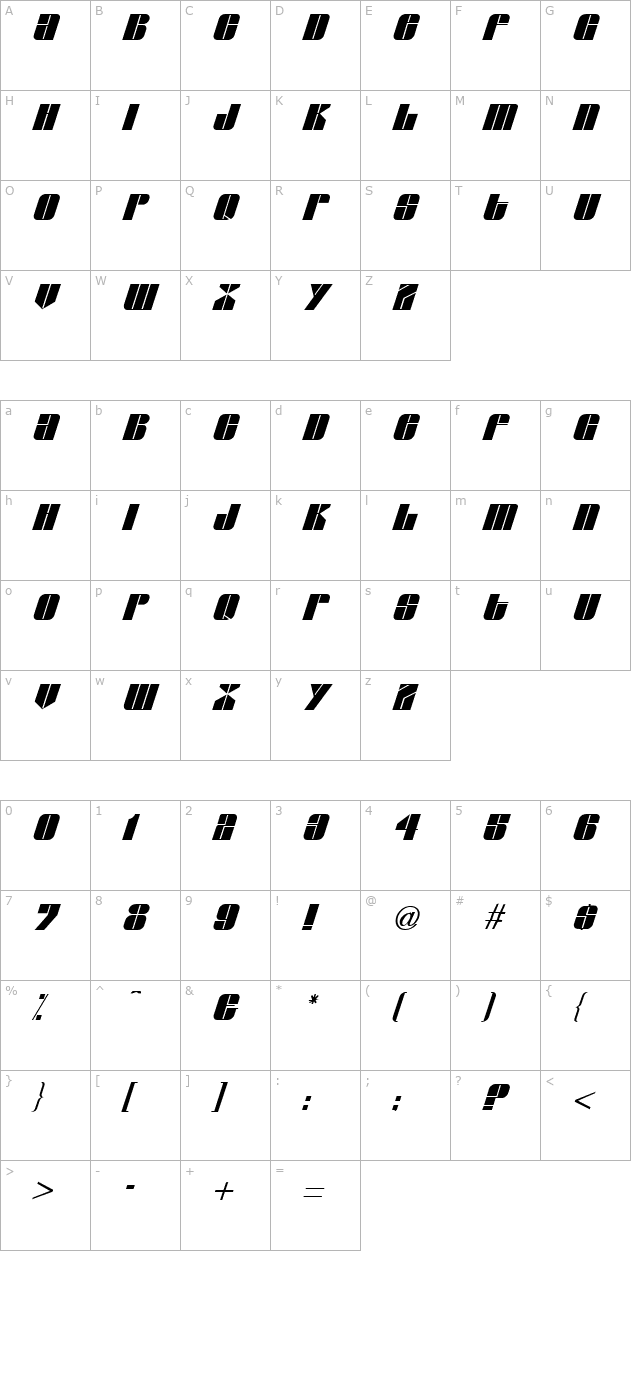 Glyphic Series Italic character map