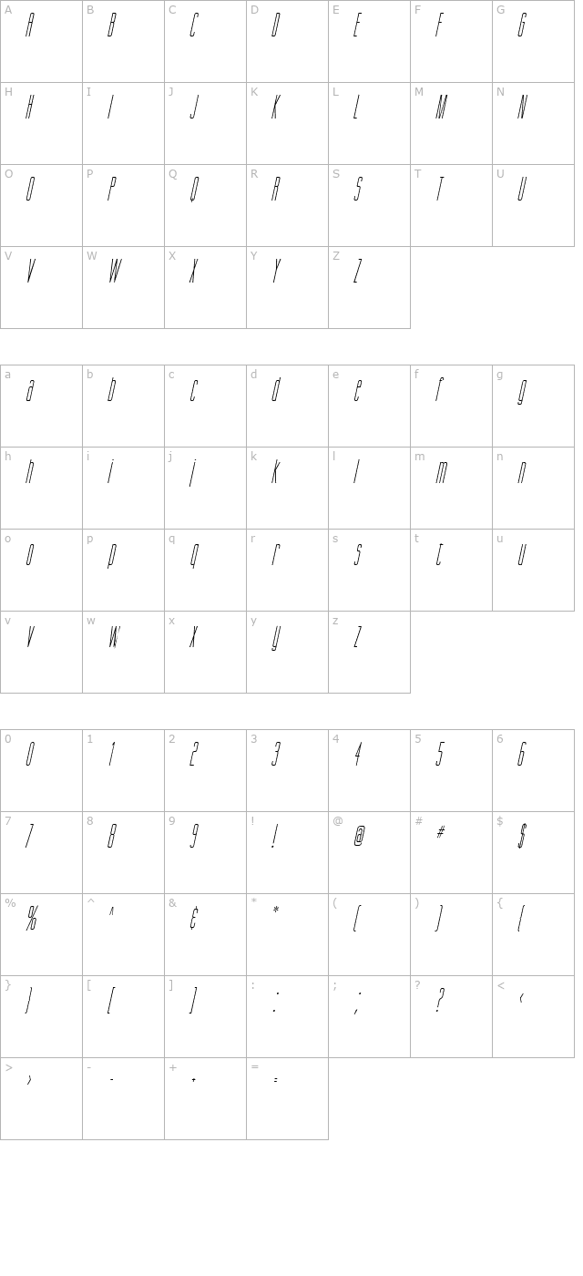 Gorgio Condensed Italic character map