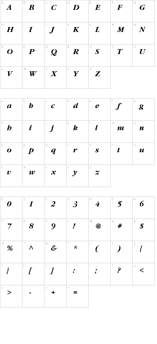 Gourmand Bold Italic character map