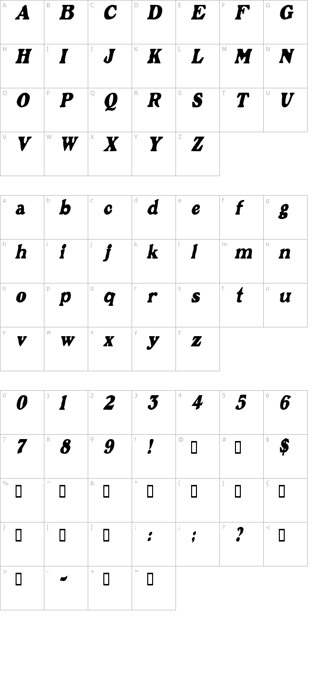 GrantCondensed Oblique character map