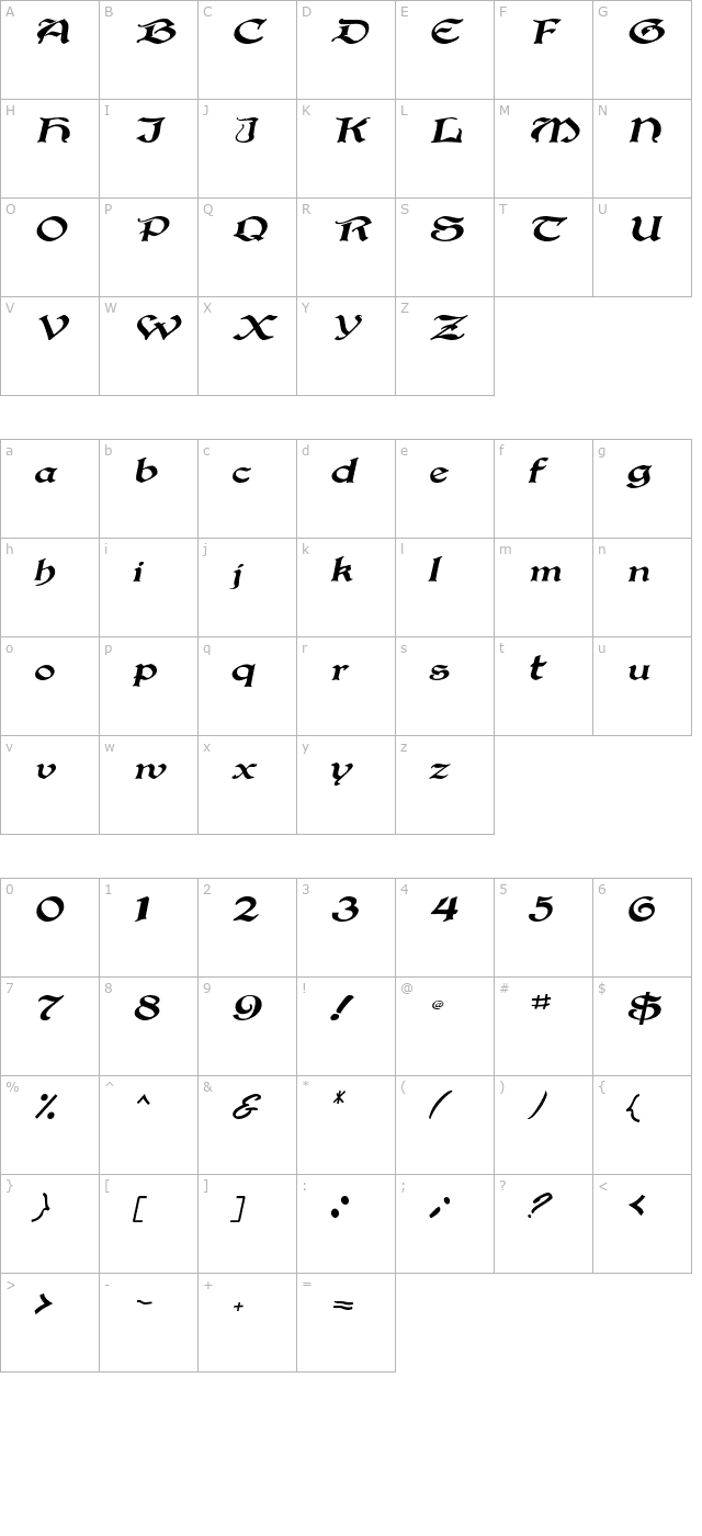 gregorian-italic character map