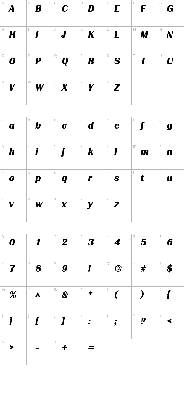 Grenoble Heavy SF Bold Italic character map