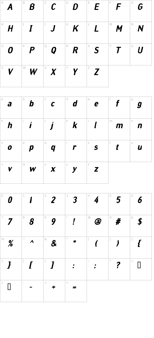 Grinder BoldItalic character map