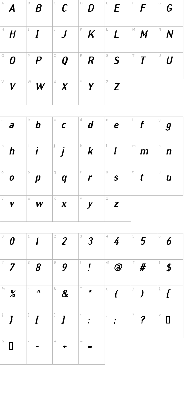 grinder-italic character map