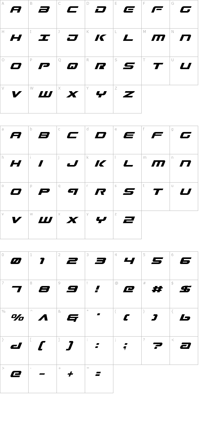 gunship-italic character map